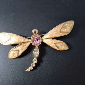 Elegant Gold Dragonfly Brooch with Pink Gem